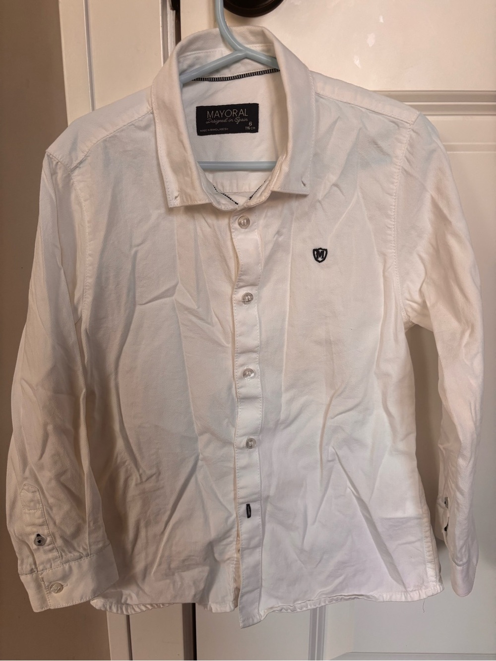 Mayoral White Long-Sleeve Button Down Shirt with Embroidered Crest